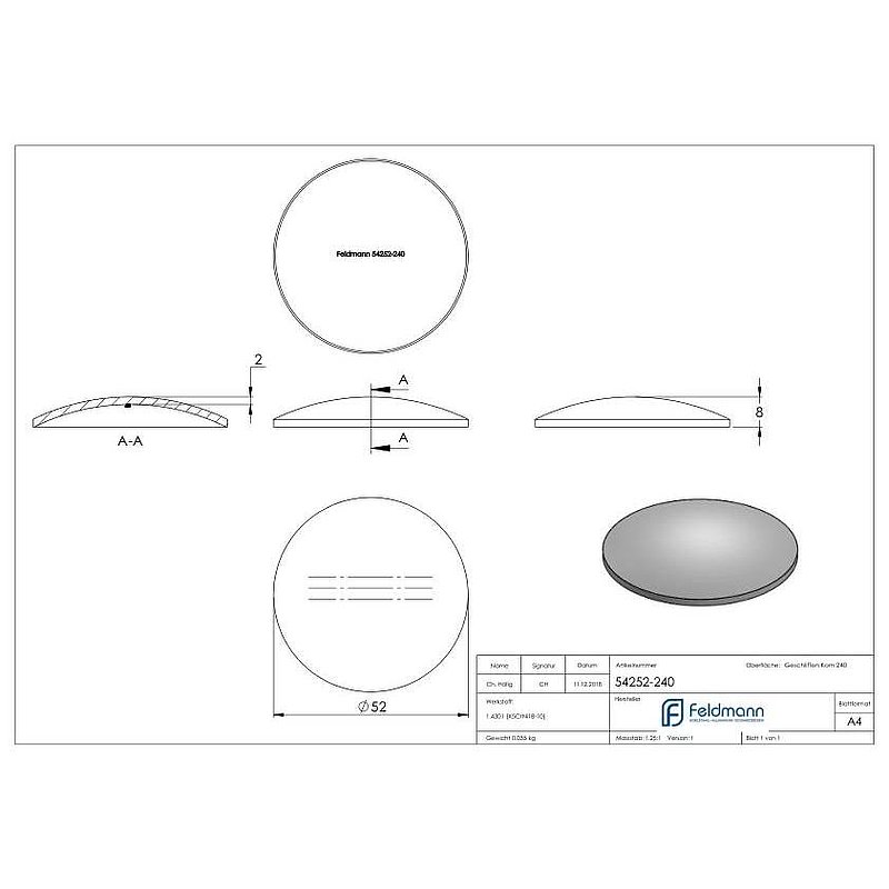 Gewölbte Schale Ø 52x2,0mm, H: 8mm, V2A