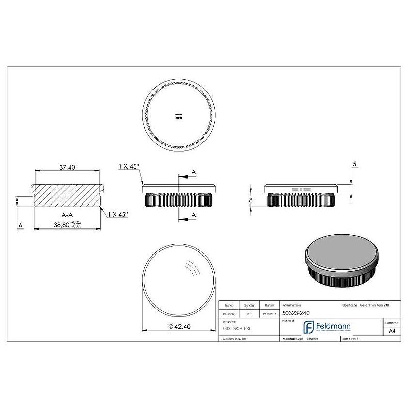 Tube end plug, for tube 42.4x2.0mm, AISI304