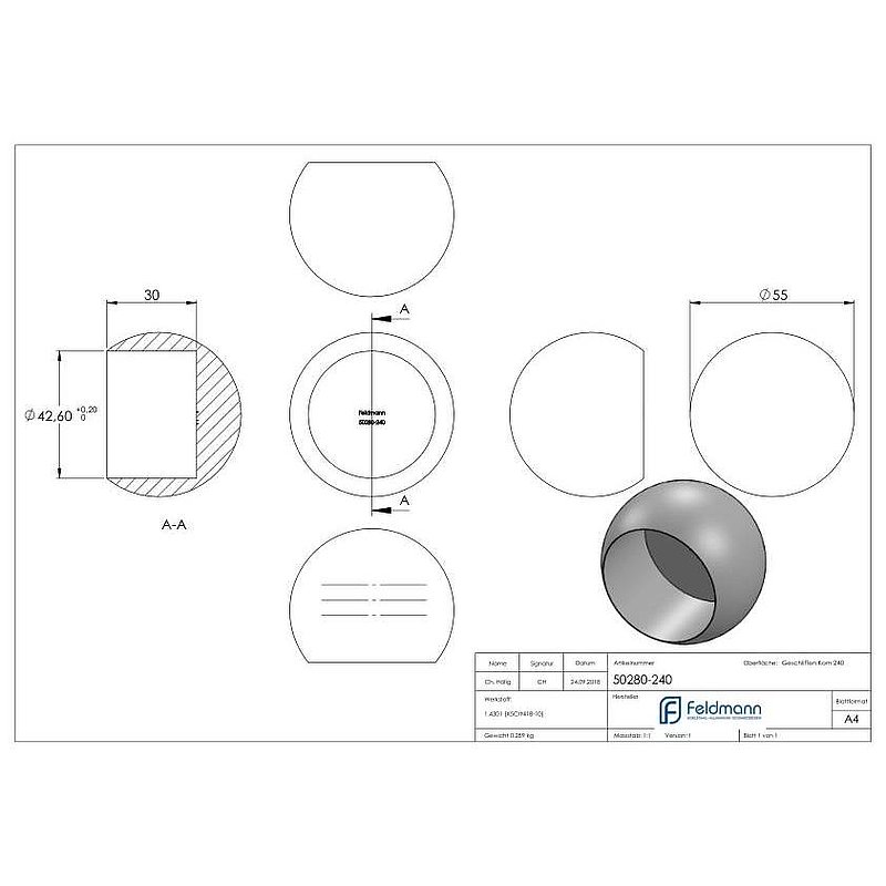 Pipe end ball, for tube 42.4mm, Ø 55mm, AISI304