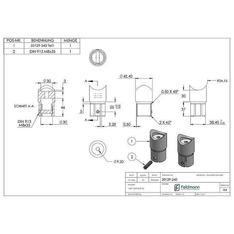 Anschlussstück 90°, Anschluss oben: 48,3mm, V2A