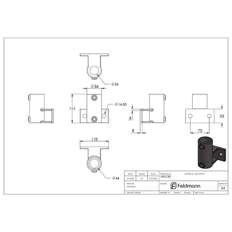 Wall bracket with 2 holes, for pipe Ø 42.4 mm