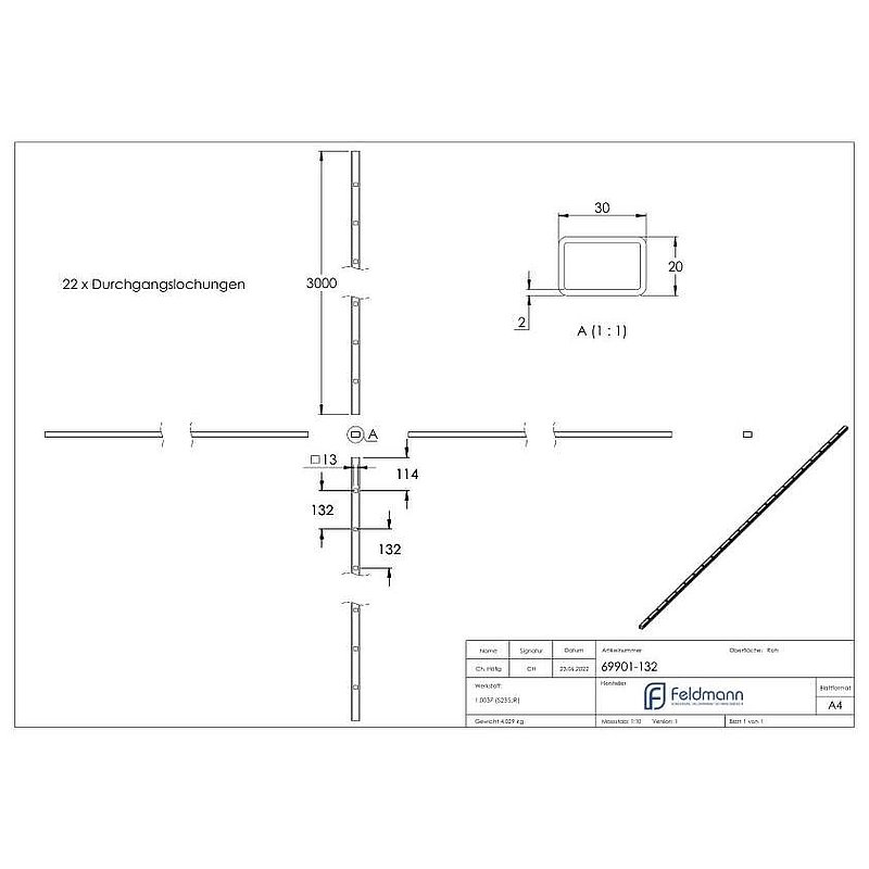 Rechteckrohr 30x20x2mm, Löcher f. Vierkant 12x12mm mit Abstand Mitte-Mitte 132mm, L: 3000mm