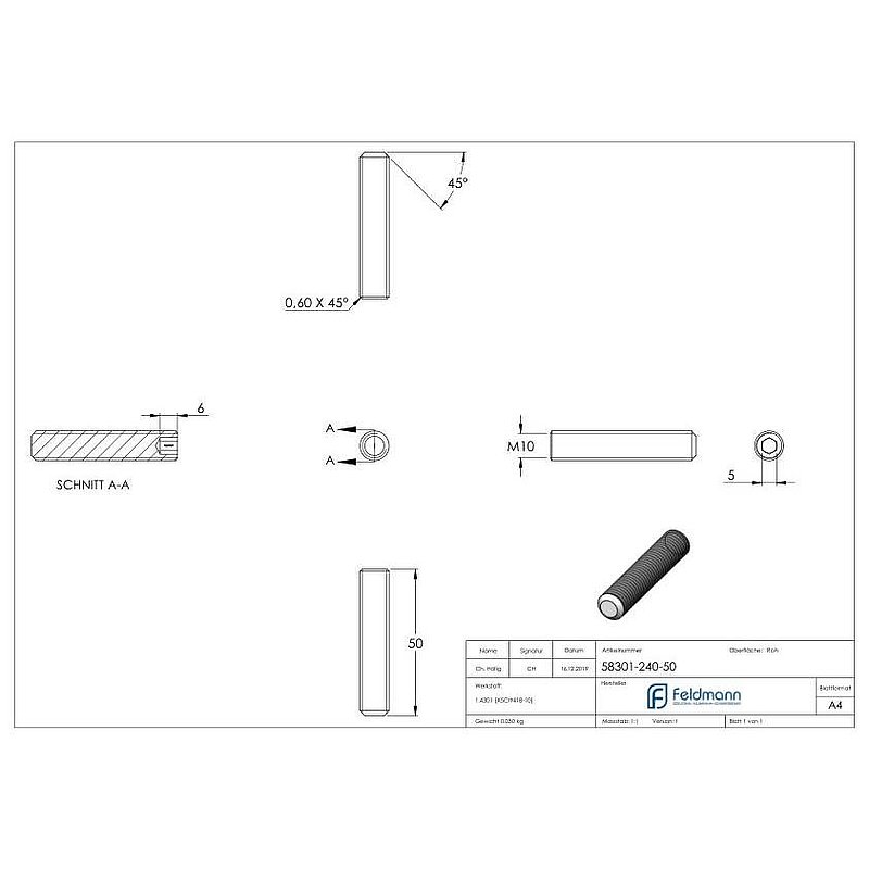 Gewindestift M10x50, V2A, DIN 913 / ISO 4026
