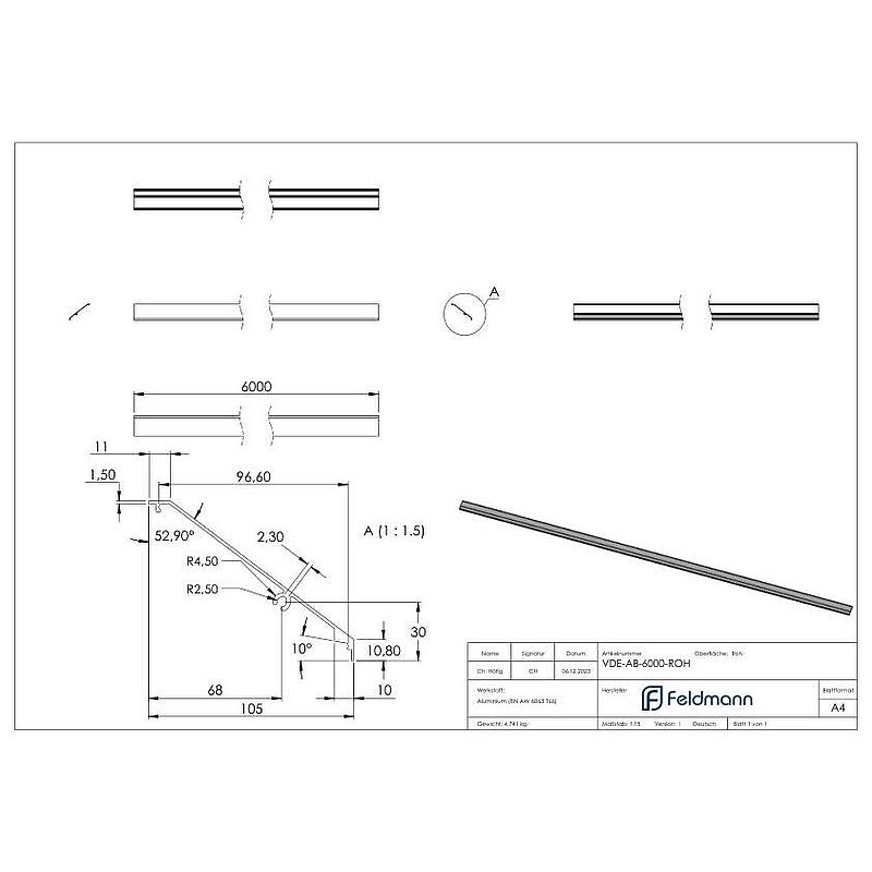 Design-Abdeckung für eleganza canopy, L: 6000mm, Aluminium roh