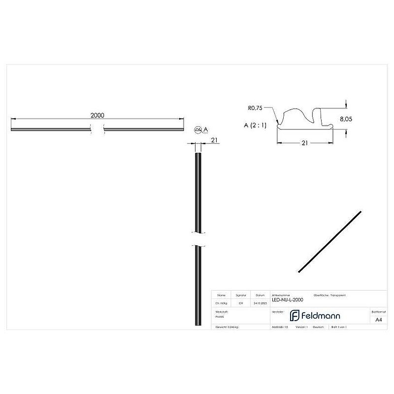 LED-Nutrohr LUNORA®, Linse für gerichtete Lichtverteilung, zum Einschieben in Abdeckung, L: 2000mm