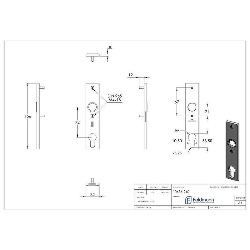 Langschild, Abmessung: 32x156x6mm, V2A