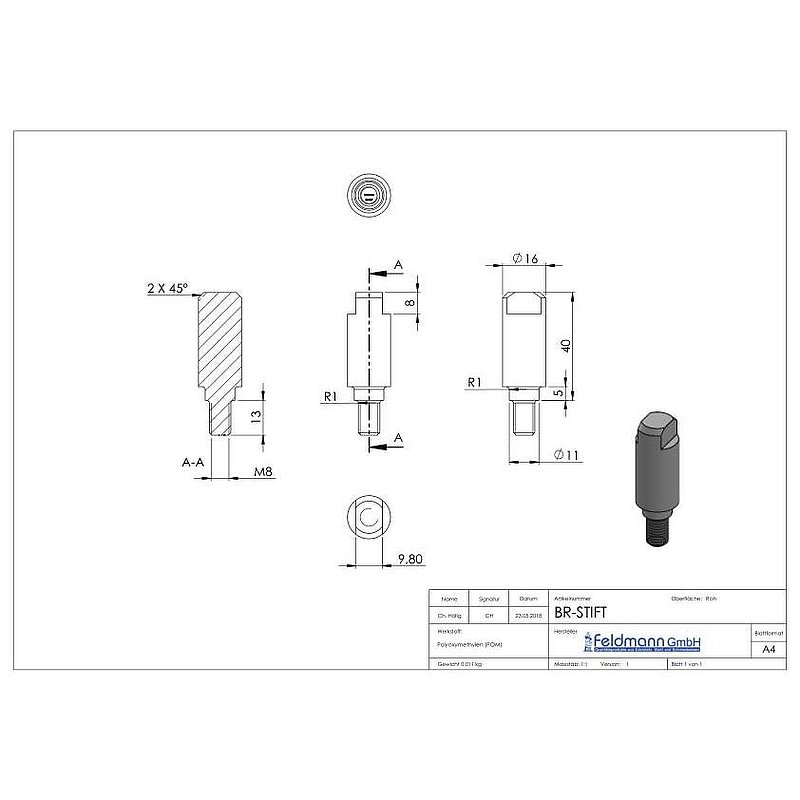 Pin for mounting aid for panels, POM