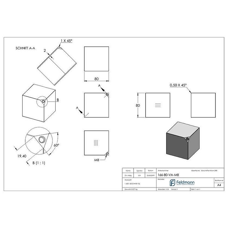 Würfel, 80x80mm, V2A