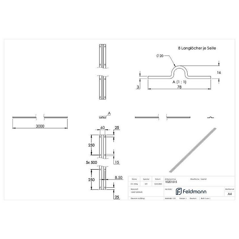 running rail for screwing on with Ø 20mm, extra wide, length 3m, galvanised