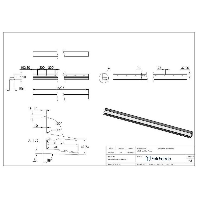 Profilé pour auvent en verre autoportant eleganza canopy, L: 2205mm, E4/EV1