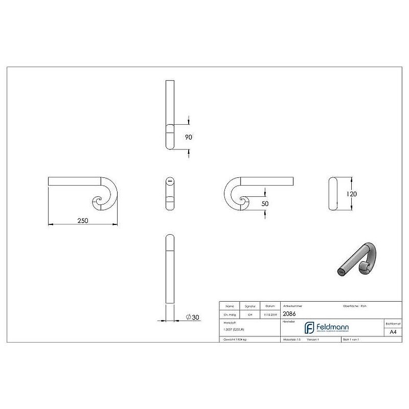 Handrail starter S235JR, Ø 30mm, rolled
