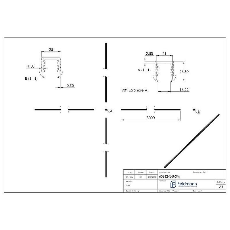 Cale caoutchouc pour verre 16,76 – 17,52mm, pour rainure 24x24mm, 3000mm