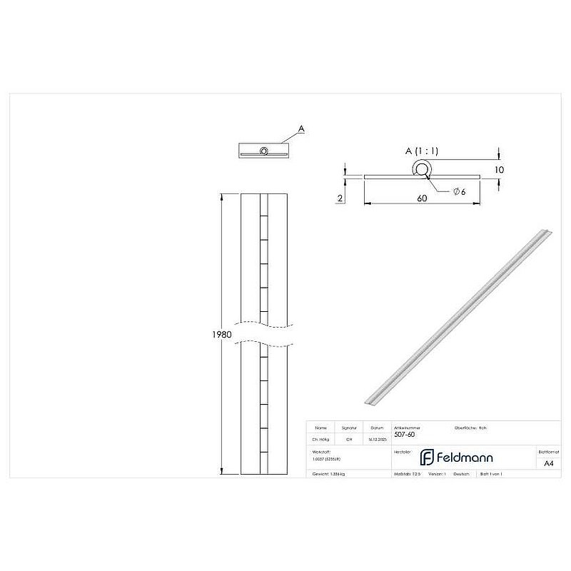 long hinge for welding, 60 x 2.0 x 1980mm, raw