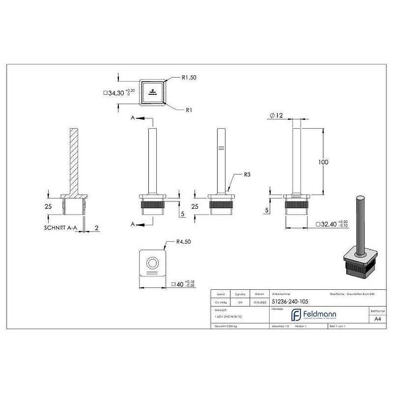Stopfen mit Stift für Rohr 40 x 40 x 3,0mm, Höhe 105mm