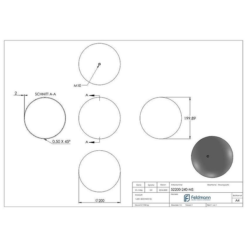 Hollow brass ball Ø 200mm with M10