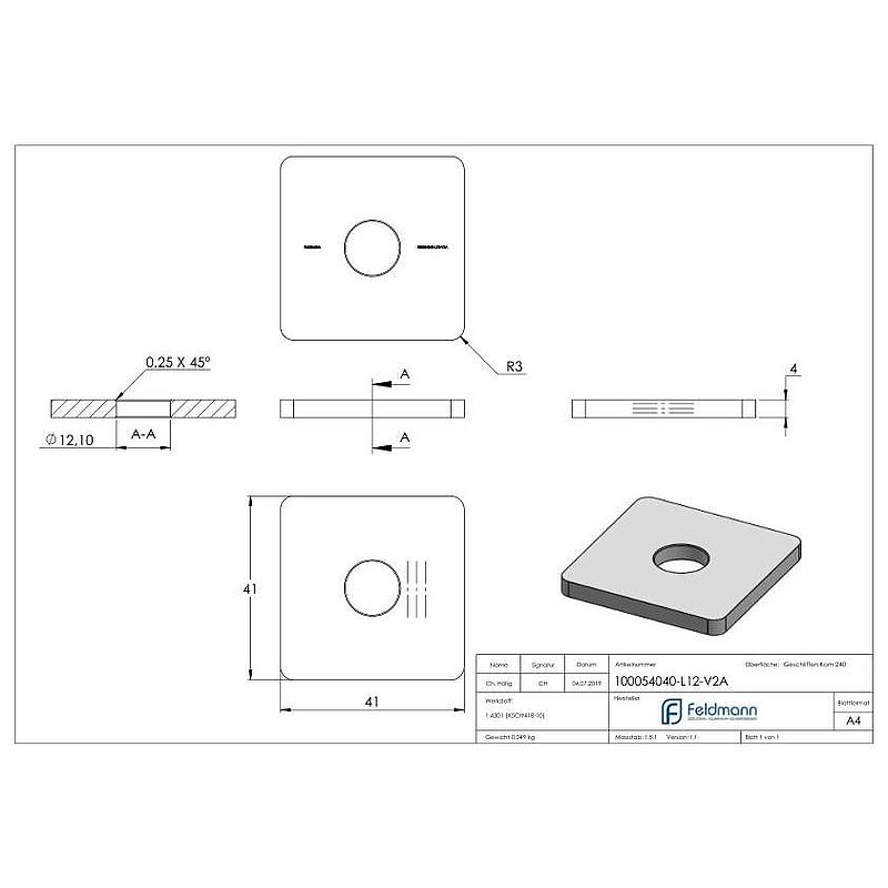 Einsteckkappe für Quadratrohr 40x40 mit Bohrung, V2A