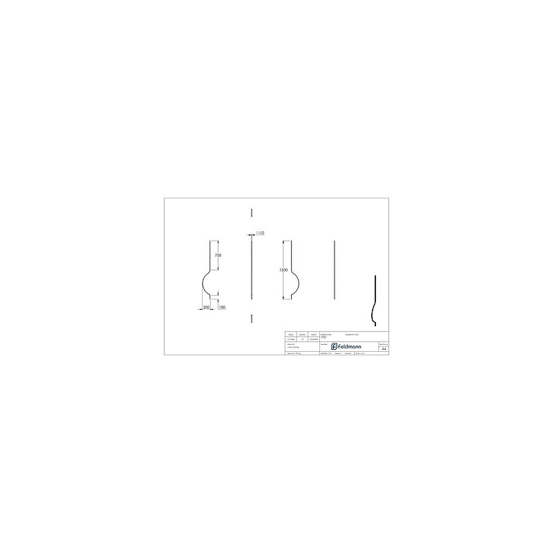 Barre galbée 12x12mm, martelée, H : 1500mm