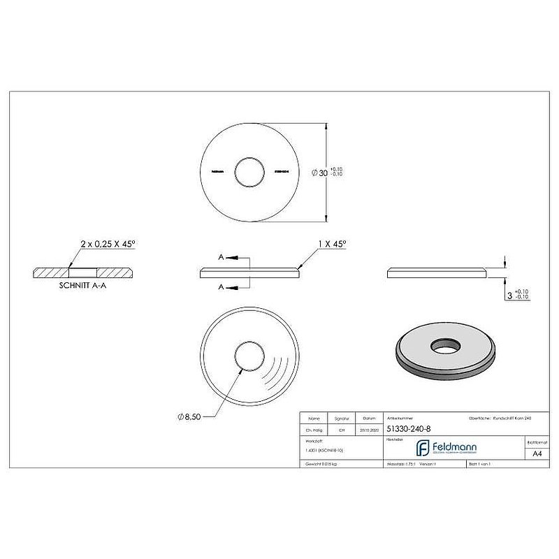 Beilagscheibe 30x3mm mit Fase, Bohrung 8,5mm, V2A