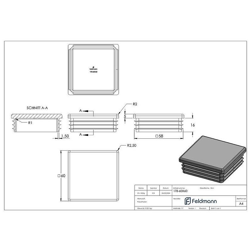 Kunststoffkappe für Quadratrohr 60x60mm