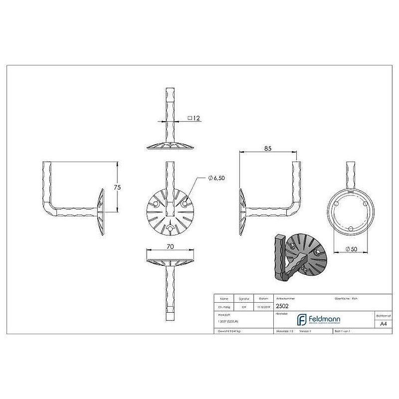 Handlaufträger mit Ronde gewölbt, 70x3mm