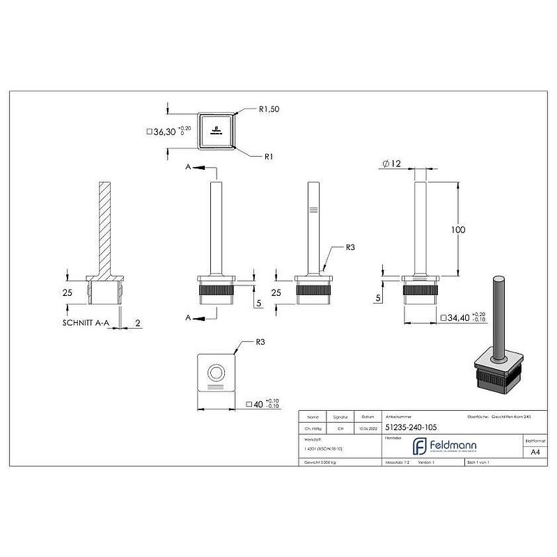 Stopfen mit Stift für Rohr 40 x 40 x 2,0mm, Höhe 105mm