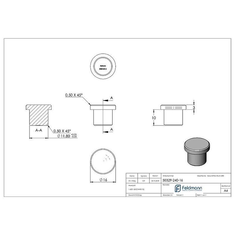 Bouchon pour extrémité de tube, pour tube 16,0x2,0mm, V2A