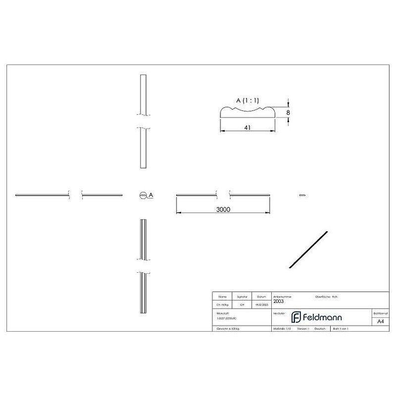 Handlauf S235JR, 40x8mm, L: 3000mm