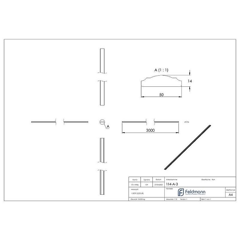 Handrail S235JR, 50x14mm, L: 3000mm