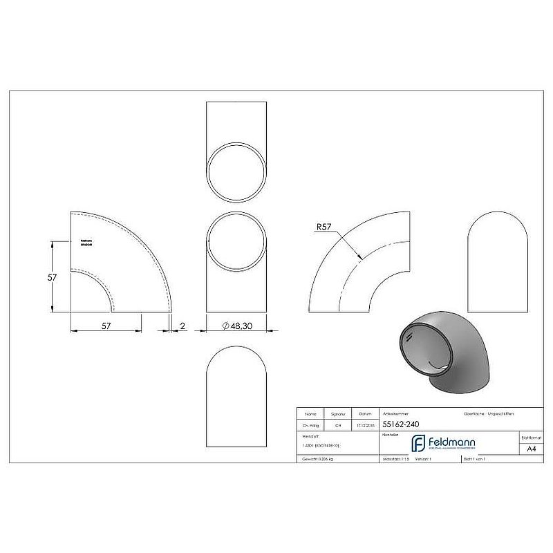 Schweißbogen 90°, 48,3x2,0mm, ungeschliffen, V2A