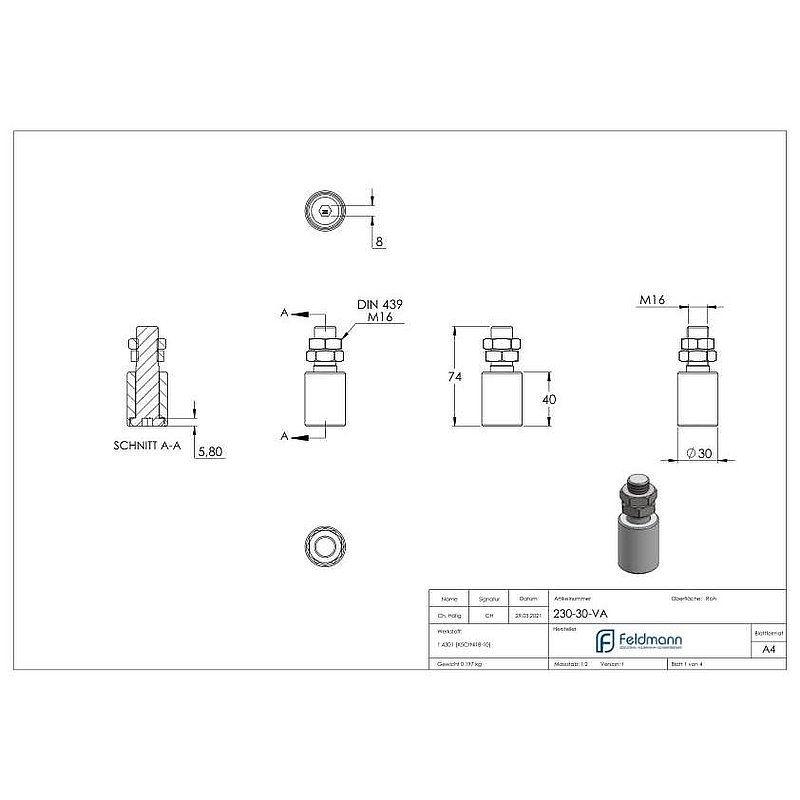 guide roller Ø 30 x 40mm, thread M16, AISI304