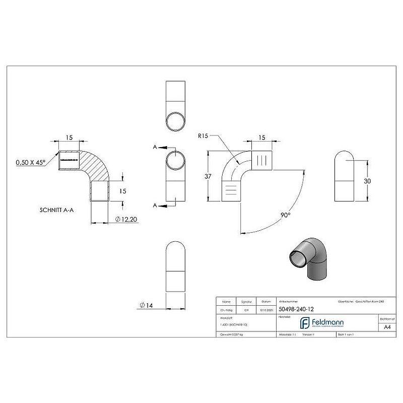 Rundstabverbinder für Ø 12mm, 90°, V2A