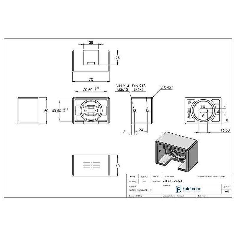 Wall mounting for grooved tube 60x40mm, left, AISI316