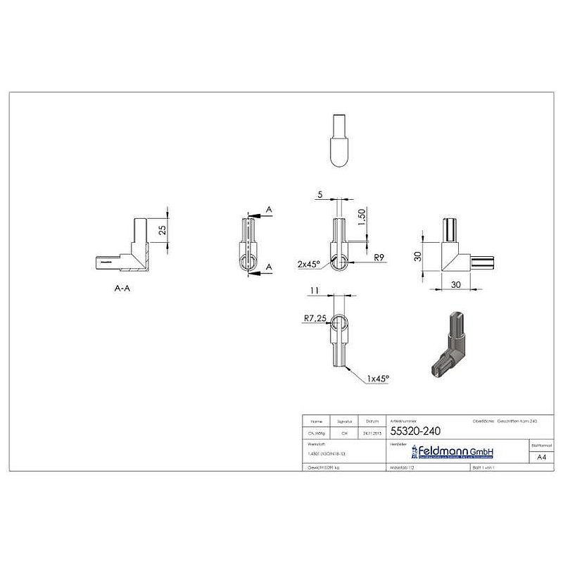 Corner connector for round clamping profile 18x1.25 mm, AISI304
