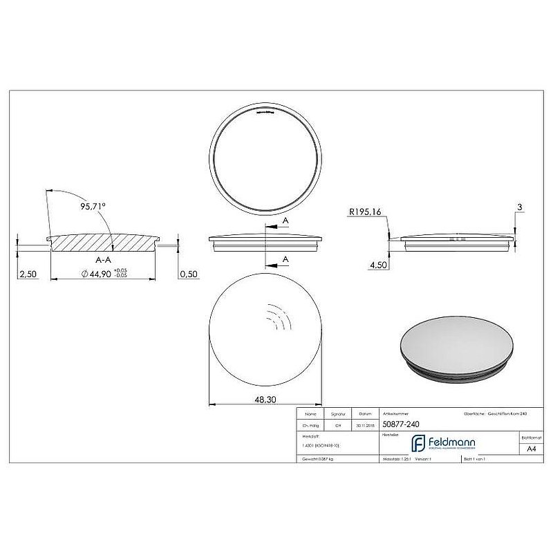 Tube end plug, for tube 48.3x2.0mm, AISI304