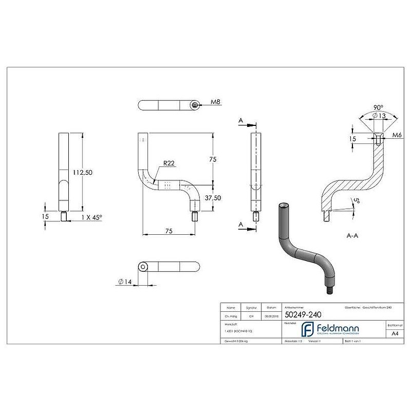 Bügel Ø 14mm, 2x 90° gebogen, V2A