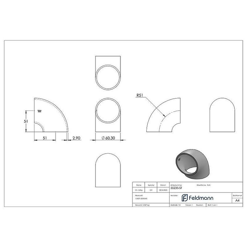 Schweißbogen 90°, 60,3 x 2,9mm, Bauart 2