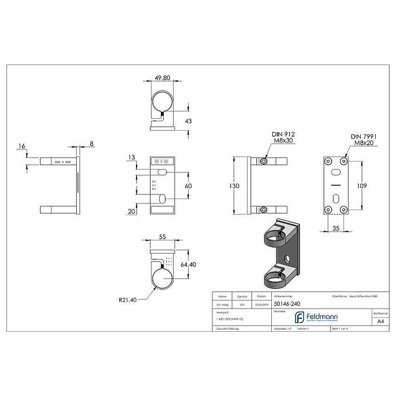 Fixation murale pour poteau de garde corps 42,4mm, V2A