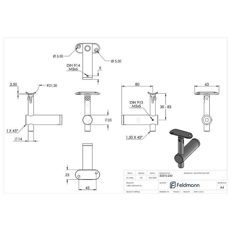 Handlaufhalter mit Gelenk, Handlaufanschlussplatte 42,4mm, V2A