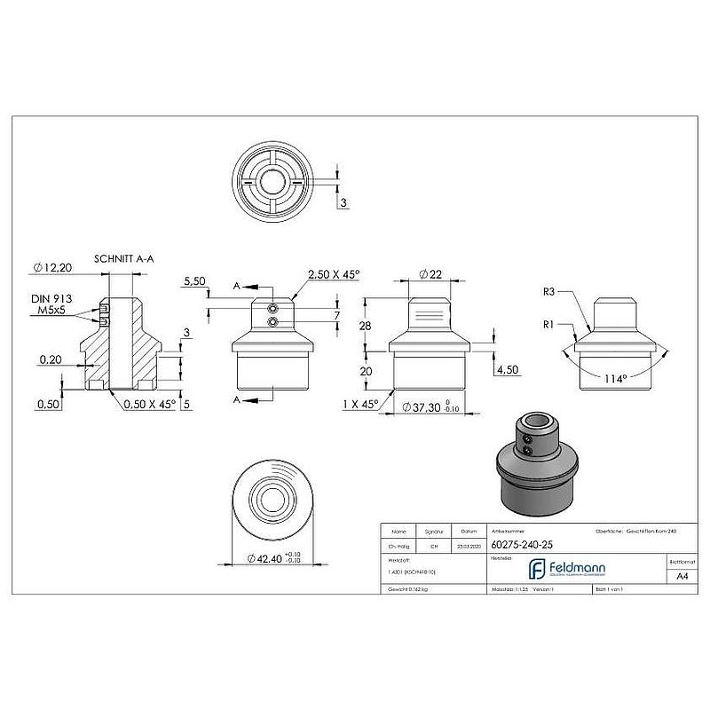 Rohrabschlussstopfen für 42,4x2,5mm, V2A