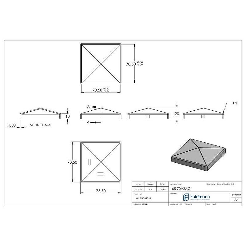 Pyramidenkappe, für Rohr 70x70mm, V2A