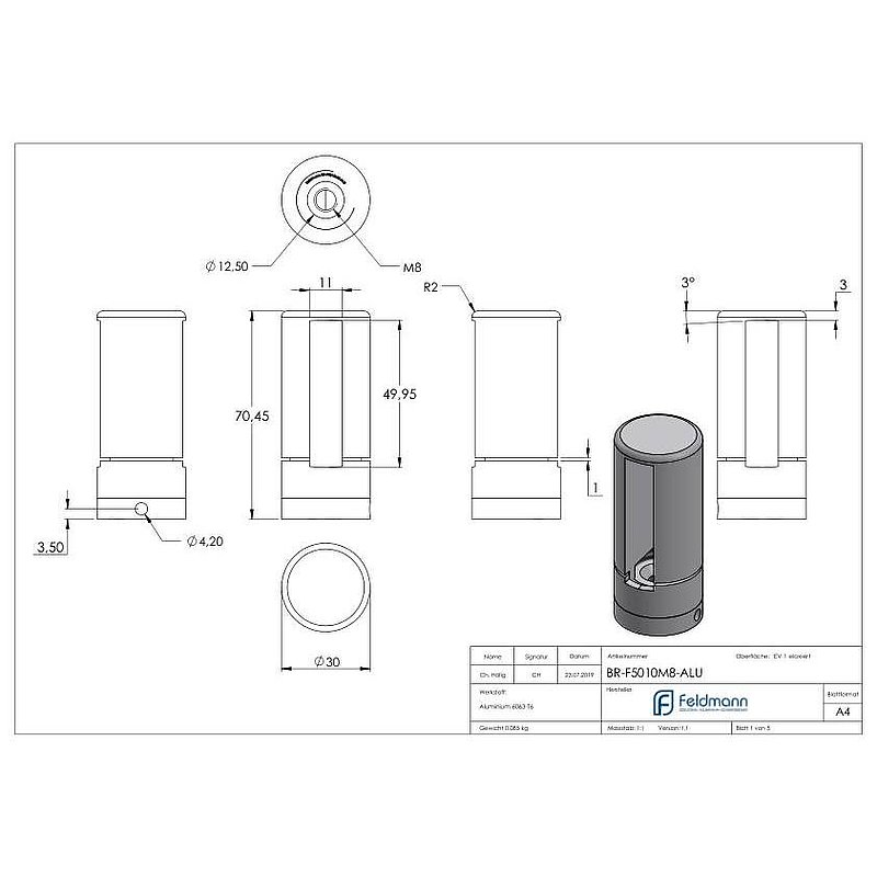Brenk, support de base pour barreaux plats 50x10mm, ALU