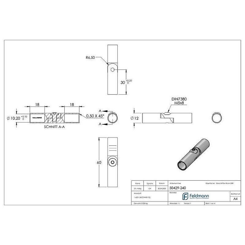 Raccord de barre avec articulation pour barre ronde Ø 10mm, V2A