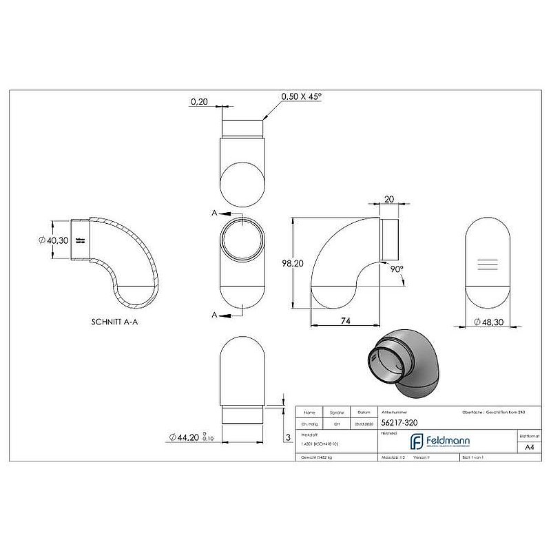 Endbogen 90° halbrund, für Rohr 48,3x2,0mm, V2A