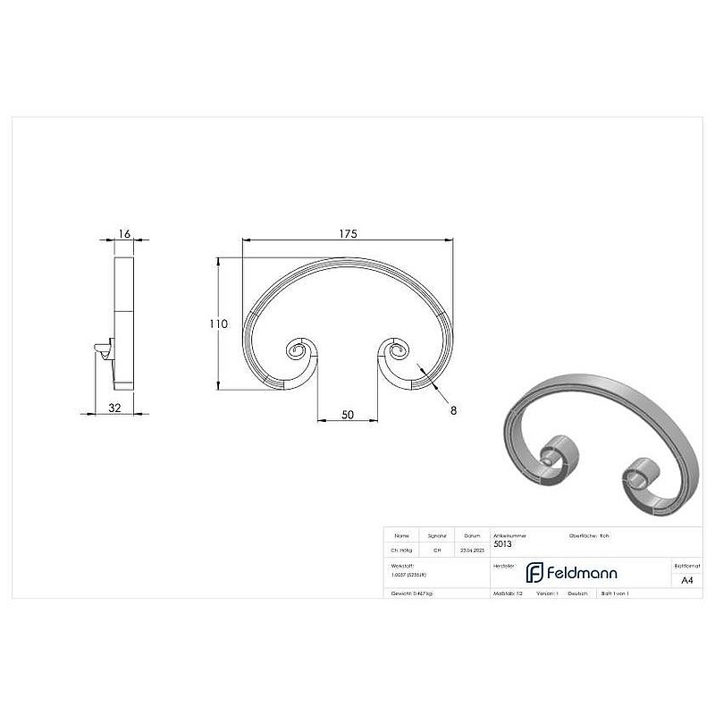 Volute en forme de C 16x8mm, 110x175mm