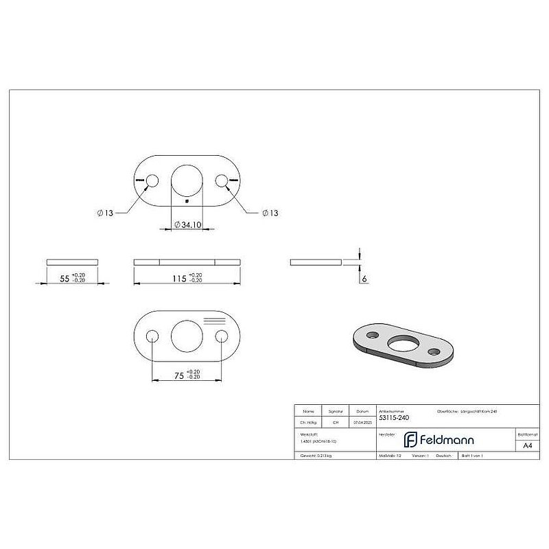 Anchor plate, 115x55x6mm, with longitudinal grinding, AISI304