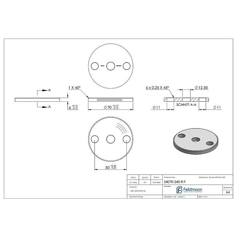 Anchor plate Ø 70x6mm, with bevelled edge and chamfer, AISI304