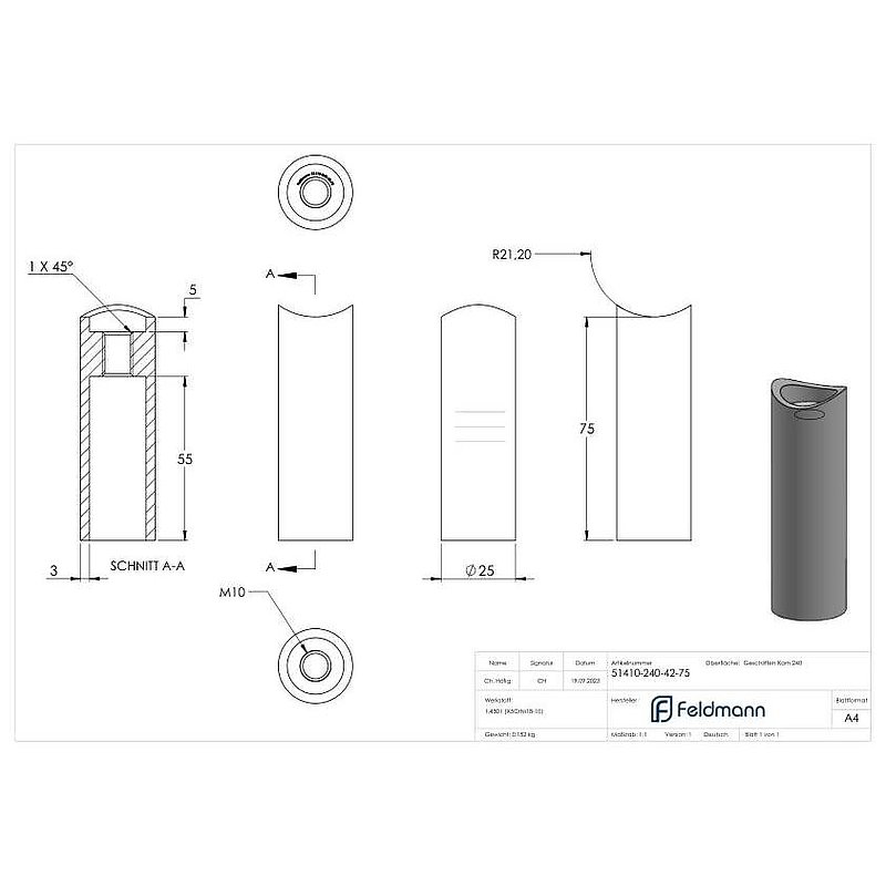 Wall bracket for tube 42.4mm, L: 75mm, AISI304