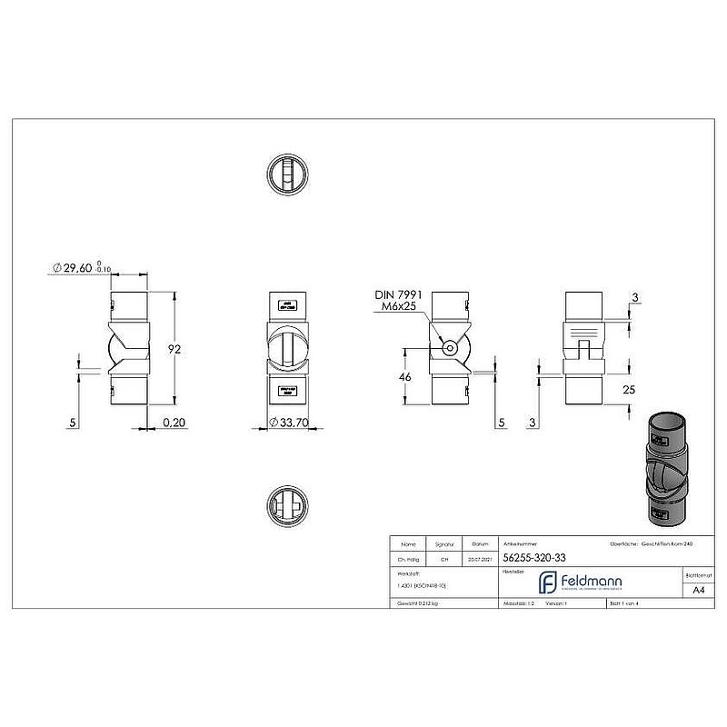 Gelenkstück hohl für Kabel, für Rohr 33,7x2,0mm, V2A