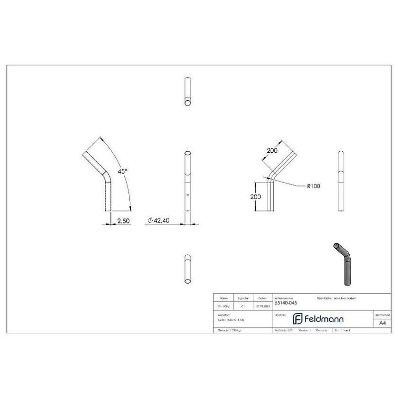 Tube bend 45°, made from 42.4x2.5mm tube, AISI304