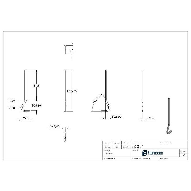 Post bent from round tube 42.4 x 2.5mm, S235
